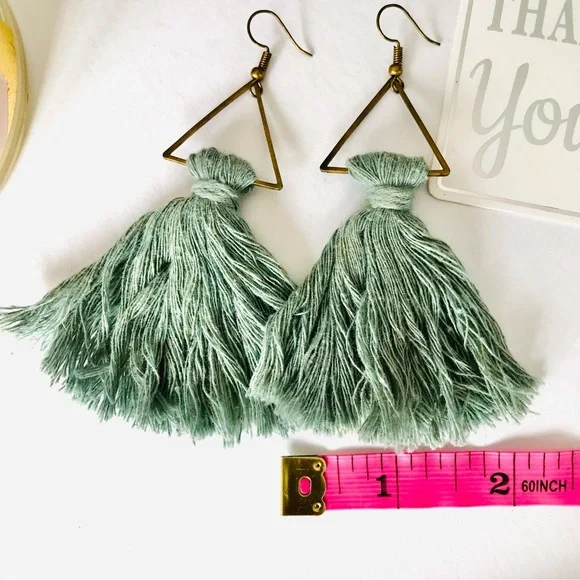 Sage Green Blue Tassel Earrings - Picture 7 of 7